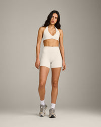 SoftMotion™ Double Layer High Waisted Shorts 6" with Grey Logo | Marshmallow White