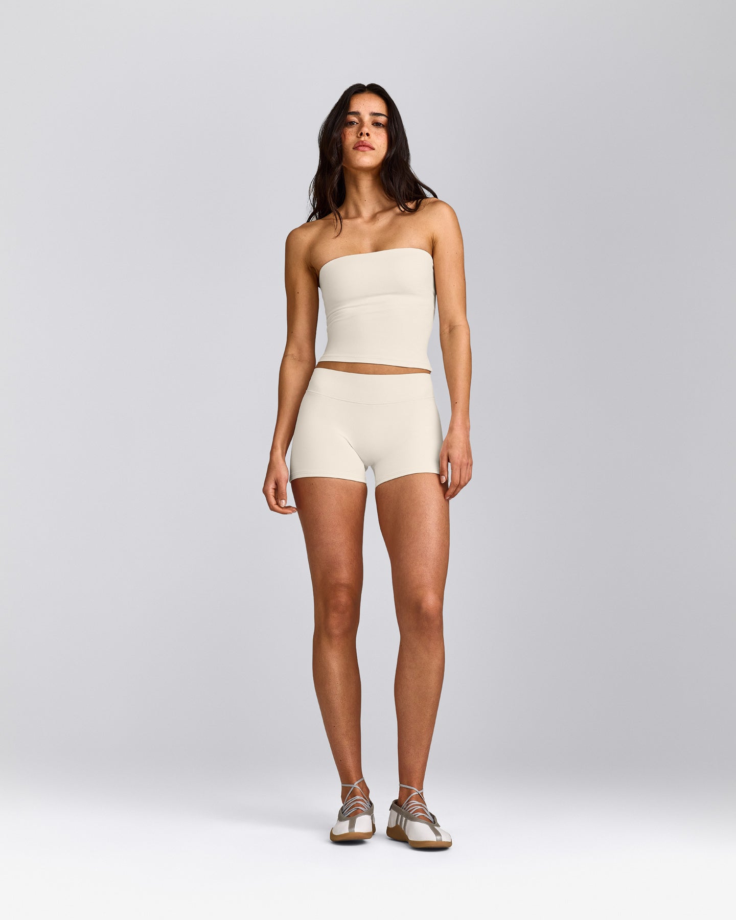SoftMotion™ Double Layer Mid Rise Shorts 4" with Grey Logo | Marshmallow White
