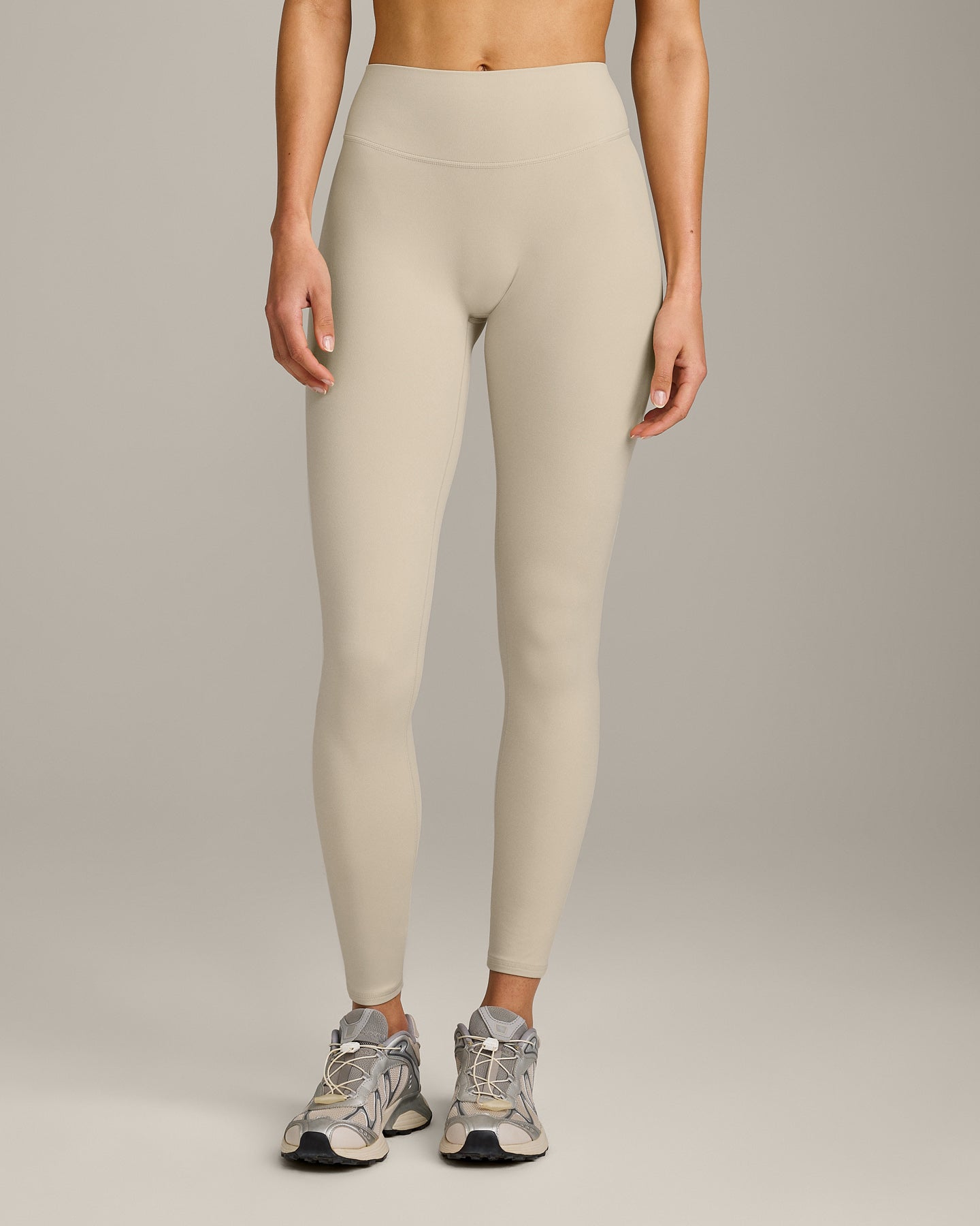 SoftMotion™ High Waisted Leggings with Grey Logo | Oatmeal