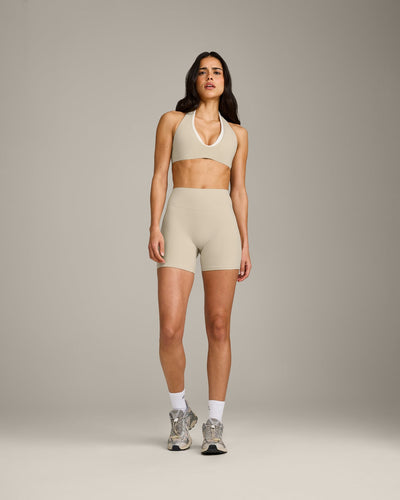 SoftMotion™ High Waisted Shorts 6" with Grey Logo | Oatmeal