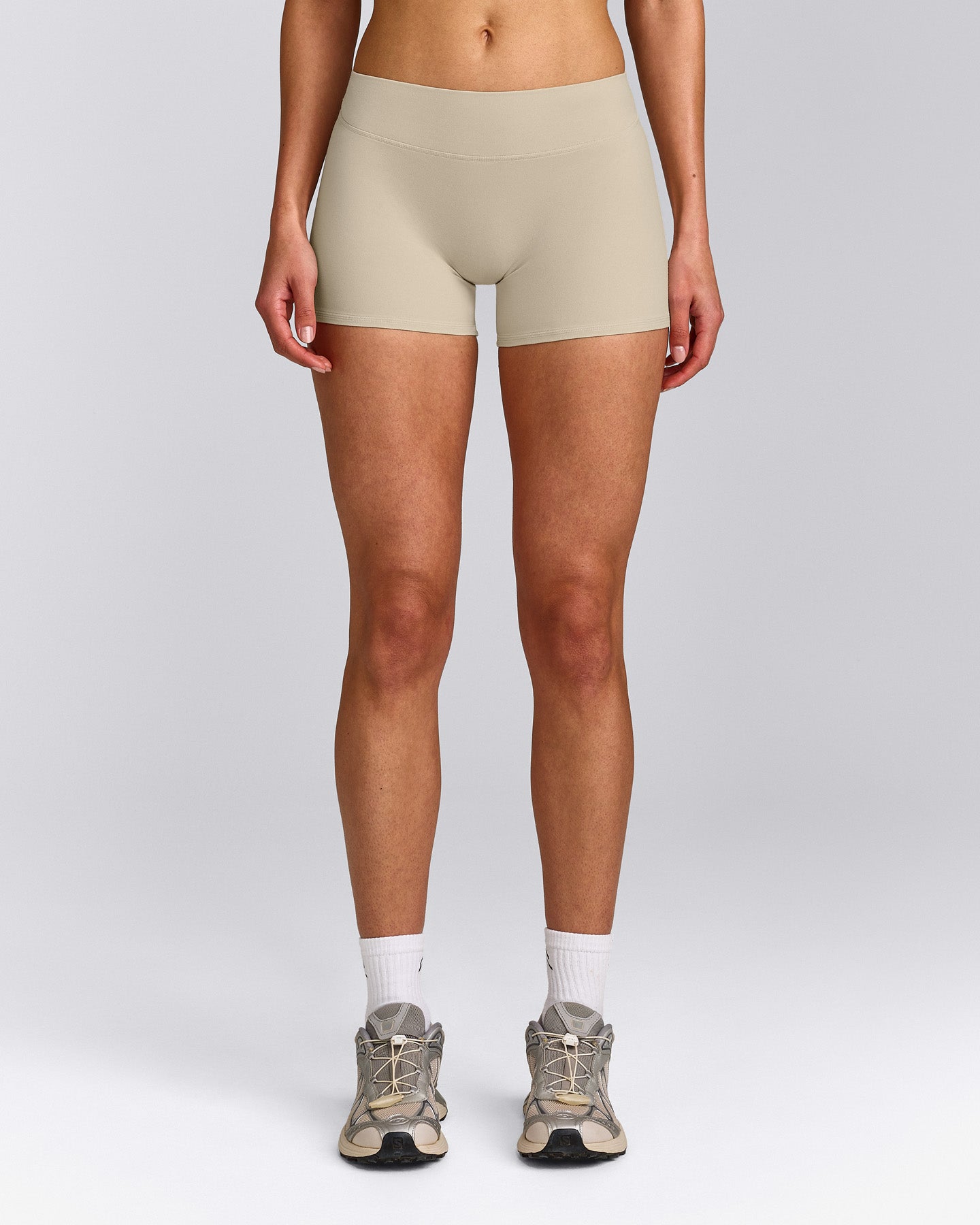 SoftMotion™ Mid Rise Shorts 4" with Grey Logo | Oatmeal