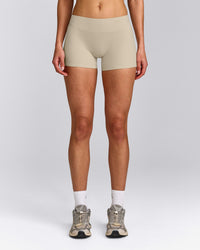 SoftMotion™ Mid Rise Shorts 4" with Grey Logo | Oatmeal