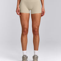 SoftMotion™ Mid Rise Shorts 4" with Grey Logo | Oatmeal