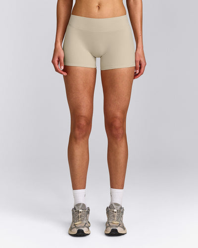 SoftMotion™ Mid Rise Shorts 4" with Grey Logo | Oatmeal