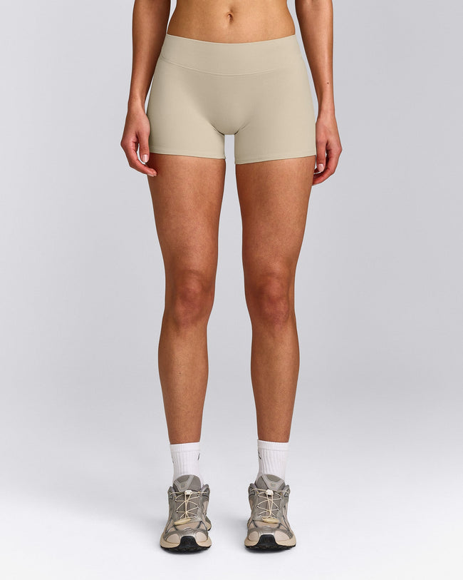 SoftMotion™ Mid Rise Shorts 4" with Grey Logo | Oatmeal