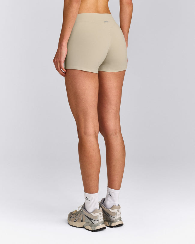SoftMotion™ Mid Rise Shorts 4" with Grey Logo | Oatmeal
