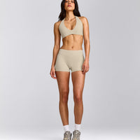 SoftMotion™ Mid Rise Shorts 4" with Grey Logo | Oatmeal
