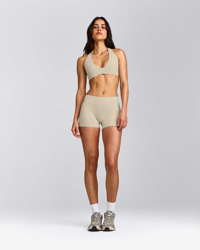 SoftMotion™ Mid Rise Shorts 4" with Grey Logo | Oatmeal