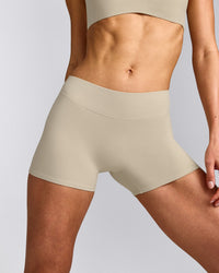 SoftMotion™ Mid Rise Shorts 4" with Grey Logo | Oatmeal