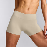 SoftMotion™ Mid Rise Shorts 4" with Grey Logo | Oatmeal