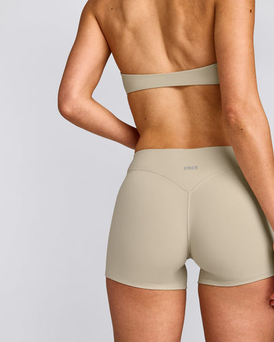 SoftMotion™ Mid Rise Shorts 4" with Grey Logo | Oatmeal