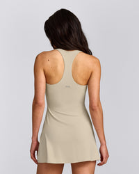 SoftMotion™ Racer Back Dress with Built in Shorts with Grey Logo | Oatmeal