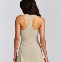 SoftMotion™ Racer Back Dress with Built in Shorts with Grey Logo | Oatmeal