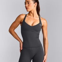 UnifiedMove™ T Back Mid Tank Top with Built in Bra Shelf with Reflective Logo | Coal