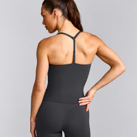UnifiedMove™ T Back Mid Tank Top with Built in Bra Shelf with Reflective Logo | Coal