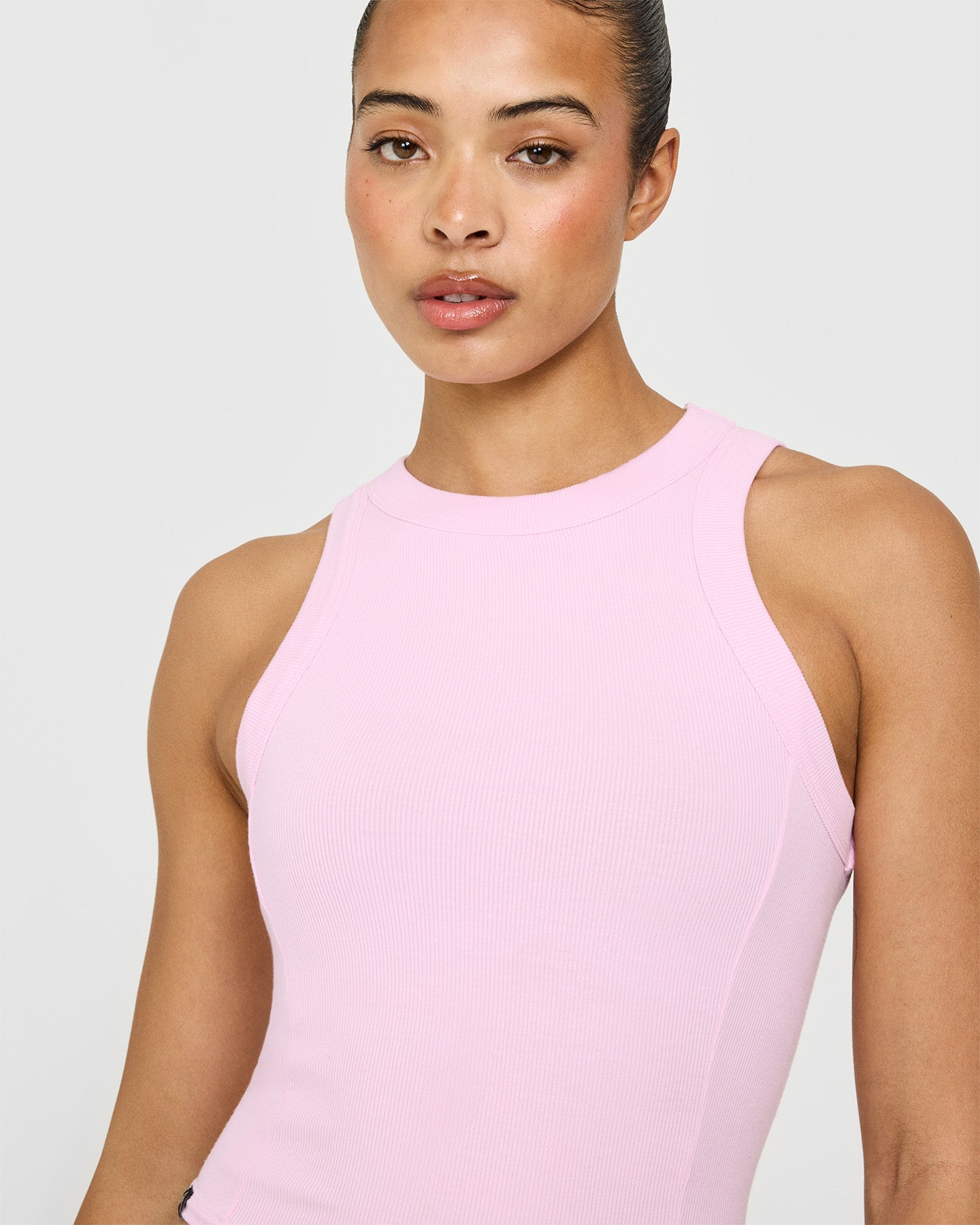 Mellow™ Rib High Neck Mid Tank Top in Chalk Pink | Oner Active
