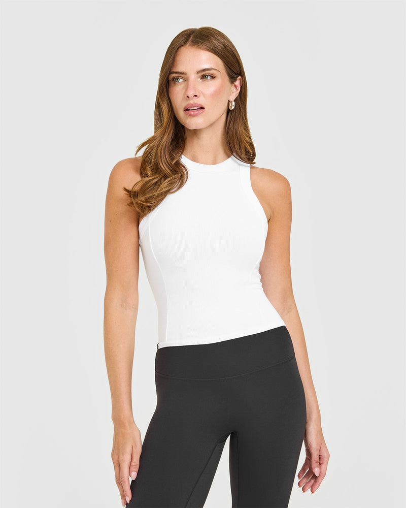 Mellow™ Rib High Neck Mid Tank Top in White | Oner Active