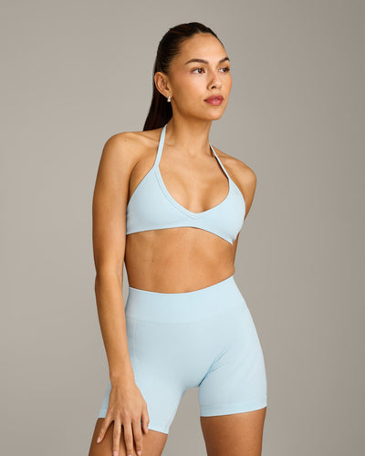 EnhanceLift™ Seamless Minimal Halter Neck Bralette with Grey Logo | Cloud Blue