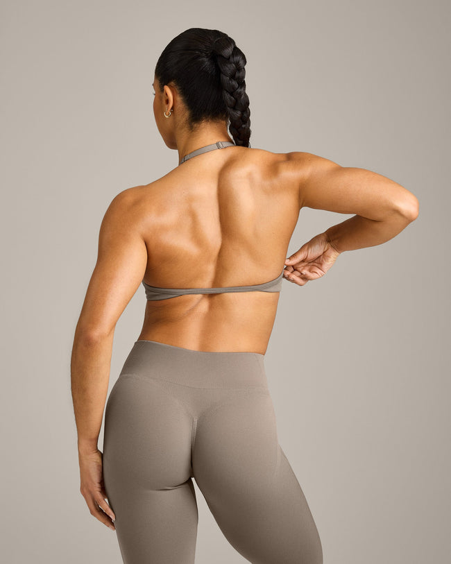 EnhanceLift™ Seamless Minimal Halter Neck Bralette with Grey Logo | Warm Minky