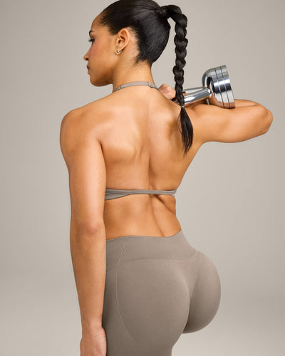 EnhanceLift™ Seamless Minimal Halter Neck Bralette with Grey Logo | Warm Minky