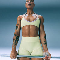 EnhanceLift™ Seamless Minimal Halter Neck Bralette with Grey Logo | Pastel Yellow