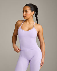 EnhanceLift™ Seamless Strappy Racer Vest with Built in Bra Shelf with Grey Logo | Lavender Purple