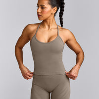 EnhanceLift™ Seamless Strappy Racer Vest with Built in Bra Shelf with Grey Logo | Warm Minky