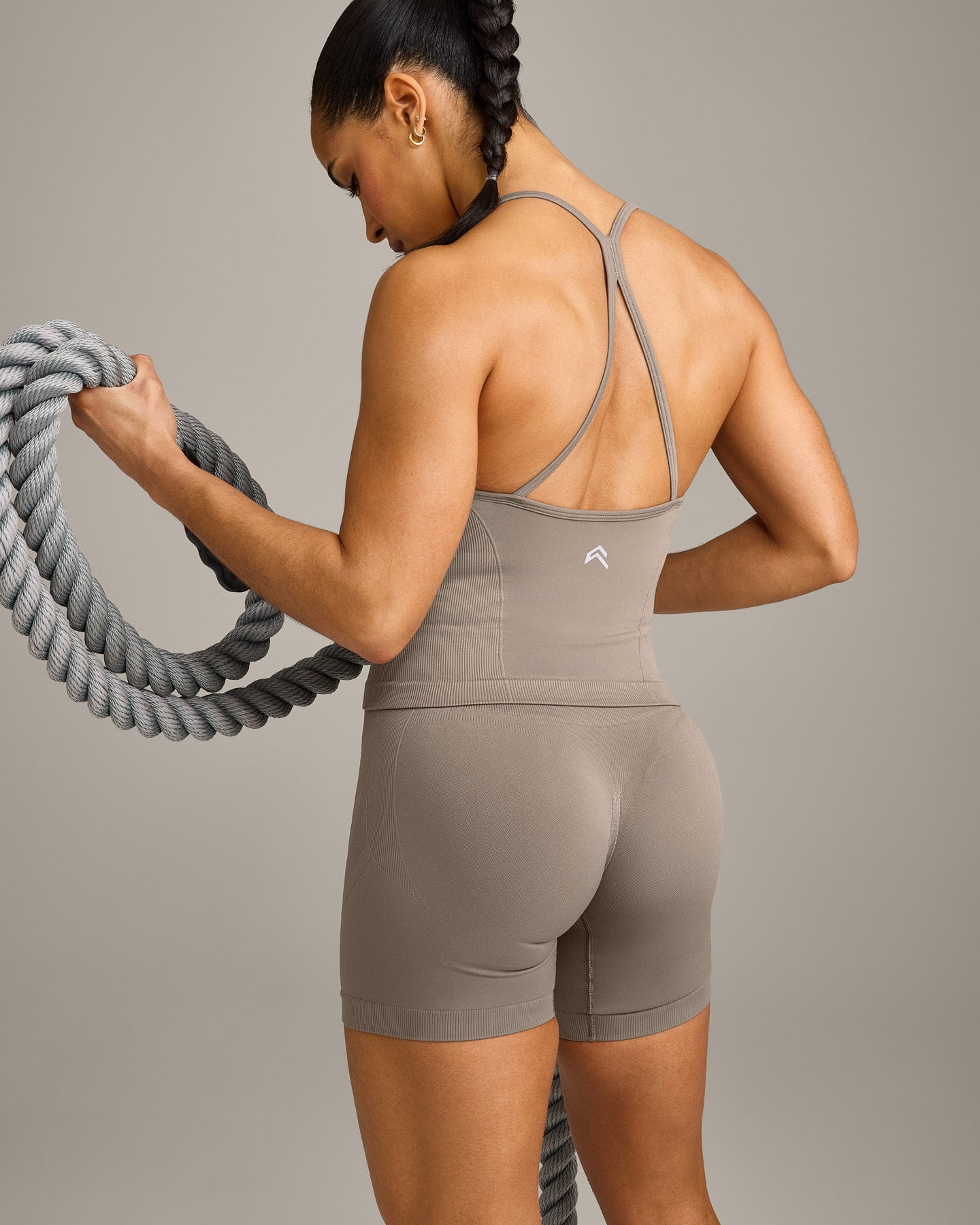 EnhanceLift™ Seamless Strappy Racer Vest with Built in Bra Shelf with Grey Logo | Warm Minky