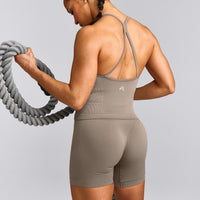 EnhanceLift™ Seamless Strappy Racer Vest with Built in Bra Shelf with Grey Logo | Warm Minky