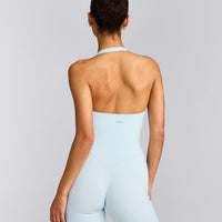SoftMotion™ Halter Neck All In One Short with Gray Logo | Cloud Blue