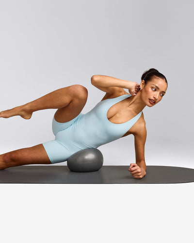SoftMotion™ Halter Neck All In One Short with Gray Logo | Cloud Blue