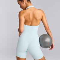 SoftMotion™ Halter Neck All In One Short with Gray Logo | Cloud Blue