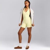 SoftMotion™ Halter Neck All In One Short with Gray Logo | Pastel Yellow