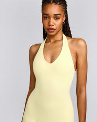 SoftMotion™ Halter Neck All In One Short with Gray Logo | Pastel Yellow