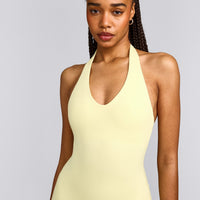 SoftMotion™ Halter Neck All In One Short with Gray Logo | Pastel Yellow