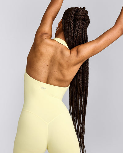 SoftMotion™ Halter Neck All In One Short with Gray Logo | Pastel Yellow