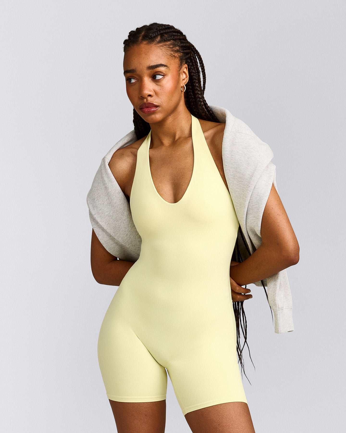 SoftMotion™ Halter Neck All In One Short with Gray Logo | Pastel Yellow