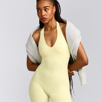 SoftMotion™ Halter Neck All In One Short with Gray Logo | Pastel Yellow