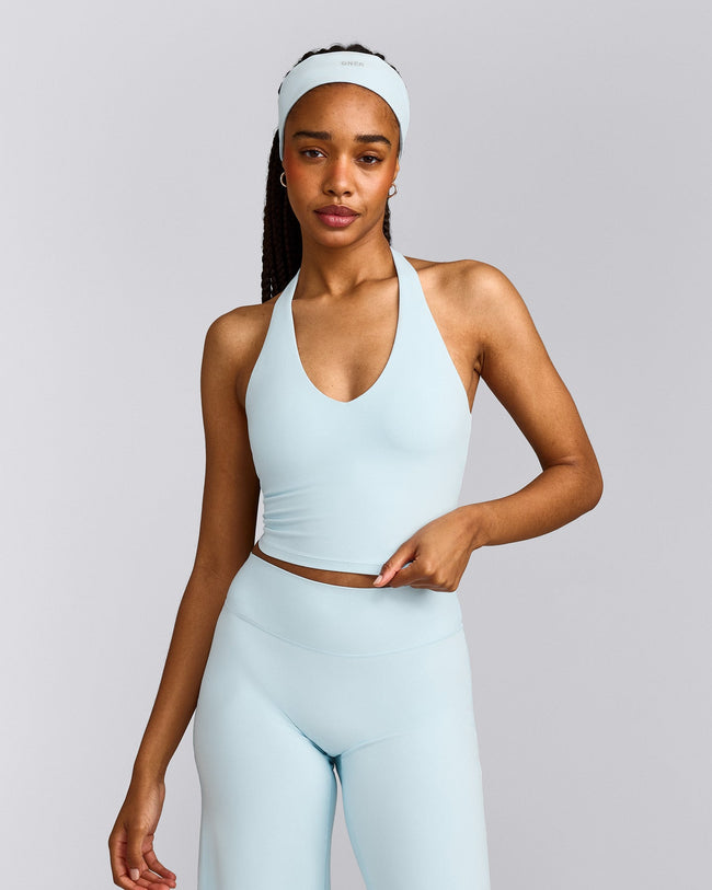 SoftMotion™ Halter Neck Mid Tank Top with Built in Bra Shelf with Gray Logo | Cloud Blue
