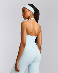 SoftMotion™ Halter Neck Mid Tank Top with Built in Bra Shelf with Gray Logo | Cloud Blue