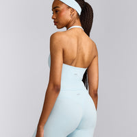 SoftMotion™ Halter Neck Mid Tank Top with Built in Bra Shelf with Gray Logo | Cloud Blue