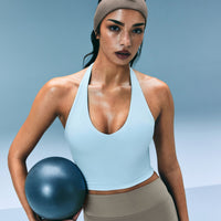 SoftMotion™ Halter Neck Mid Tank Top with Built in Bra Shelf with Gray Logo | Cloud Blue