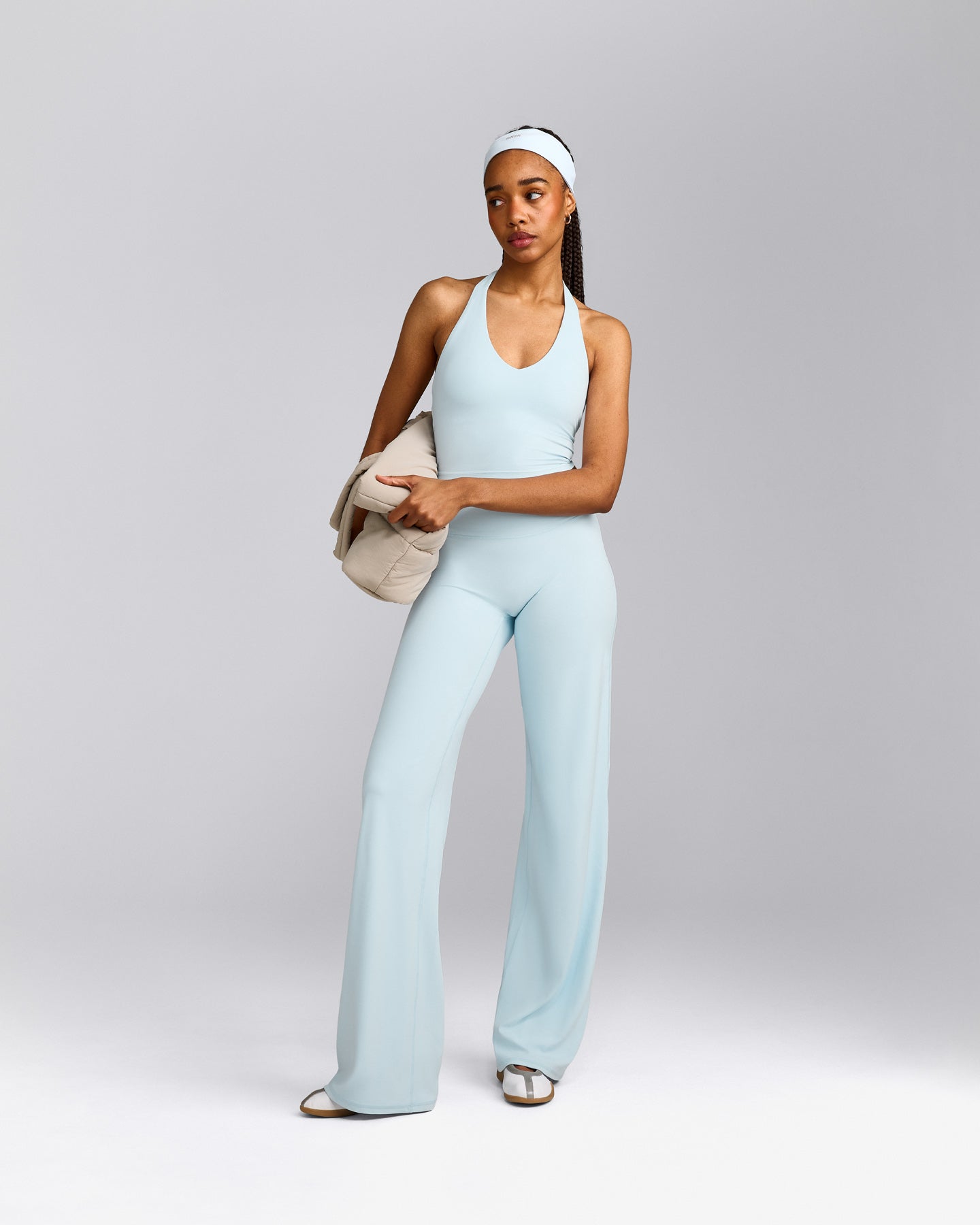 SoftMotion™ Halter Neck Mid Tank Top with Built in Bra Shelf with Gray Logo | Cloud Blue