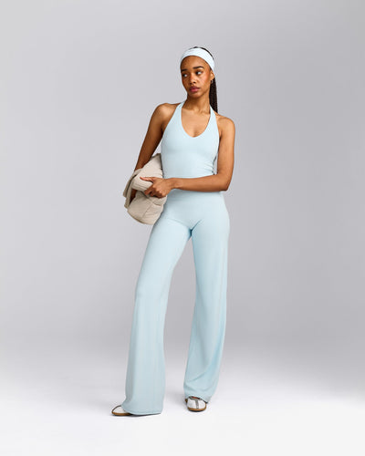 SoftMotion™ Halter Neck Mid Tank Top with Built in Bra Shelf with Gray Logo | Cloud Blue