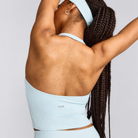 SoftMotion™ Halter Neck Mid Tank Top with Built in Bra Shelf with Gray Logo | Cloud Blue