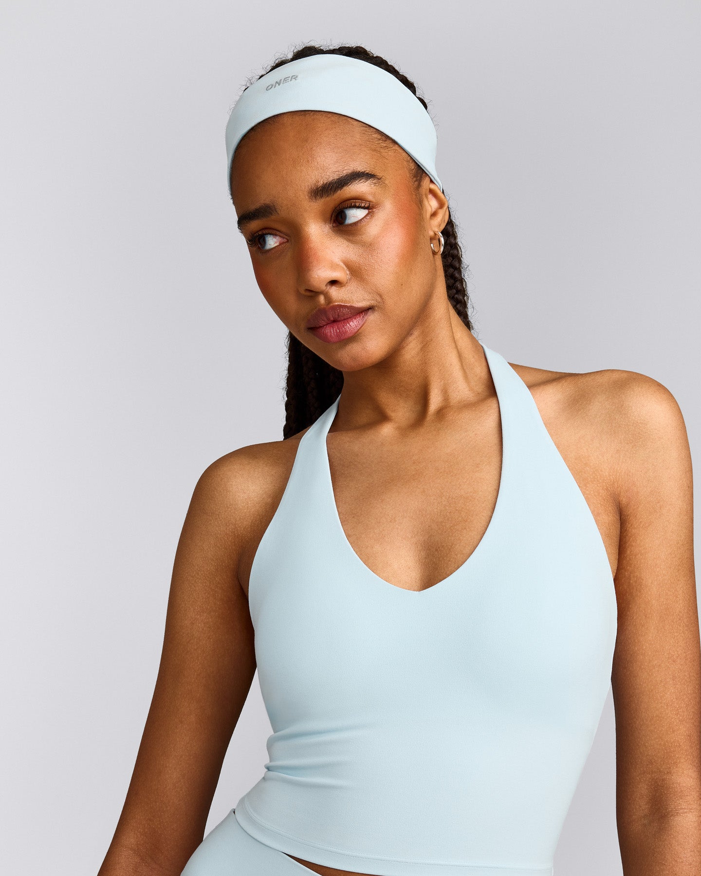 SoftMotion™ Halter Neck Mid Tank Top with Built in Bra Shelf with Gray Logo | Cloud Blue