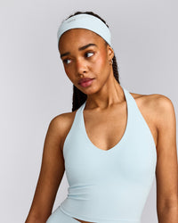 SoftMotion™ Halter Neck Mid Tank Top with Built in Bra Shelf with Gray Logo | Cloud Blue