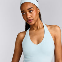 SoftMotion™ Halter Neck Mid Tank Top with Built in Bra Shelf with Gray Logo | Cloud Blue