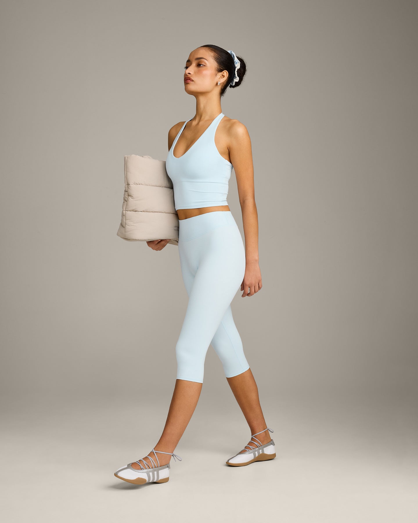SoftMotion™ High Waisted Capri Leggings with Grey Logo | Cloud Blue