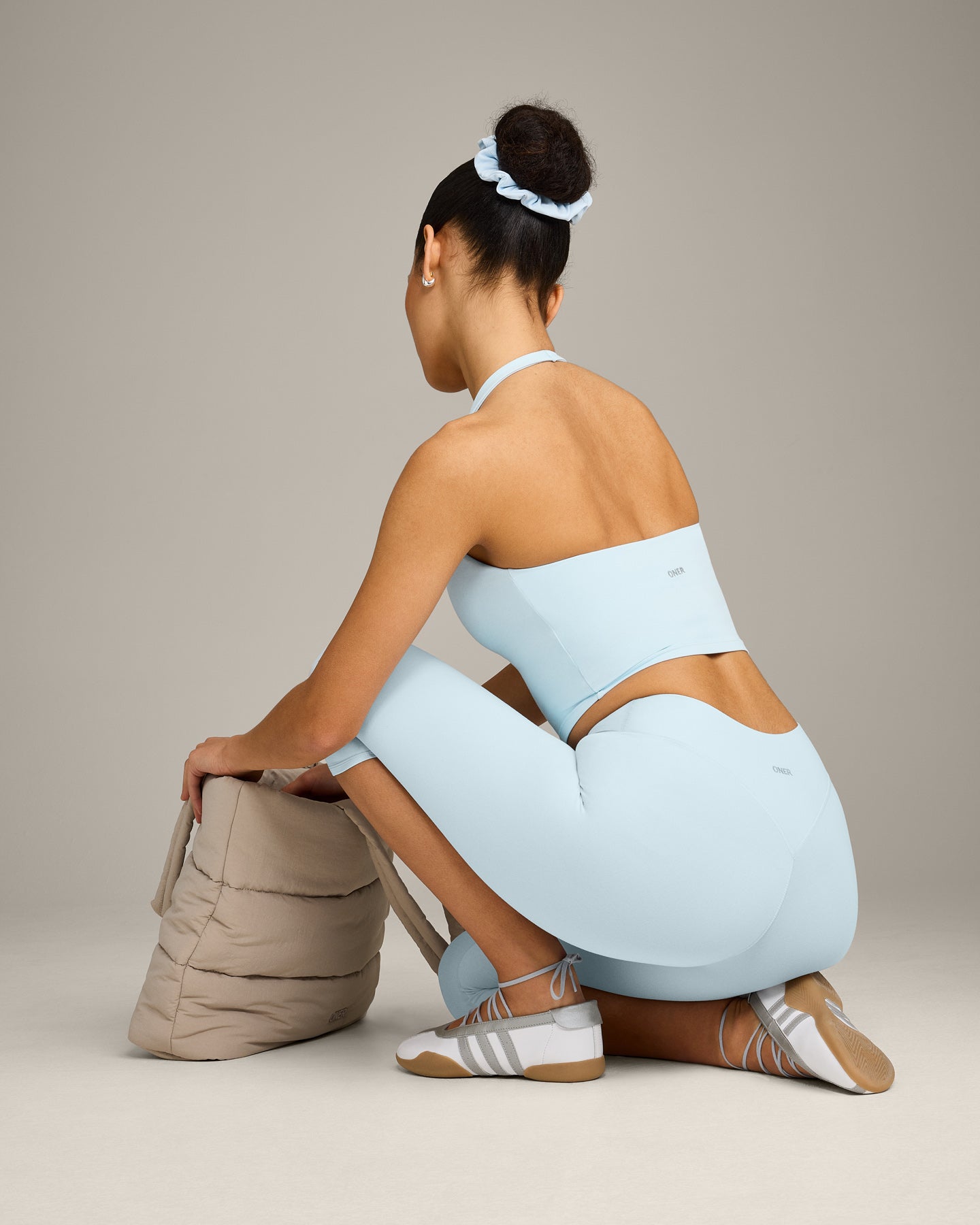 SoftMotion™ High Waisted Capri Leggings with Grey Logo | Cloud Blue